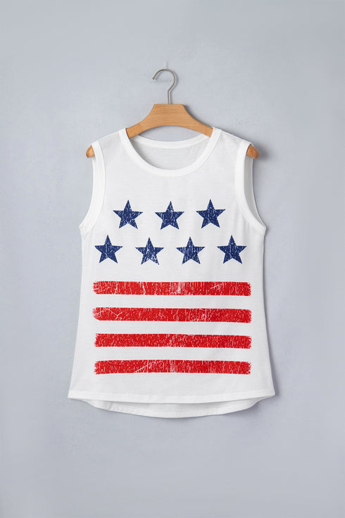 White Vintage Stars and Stripes Printed Casual Tank Top