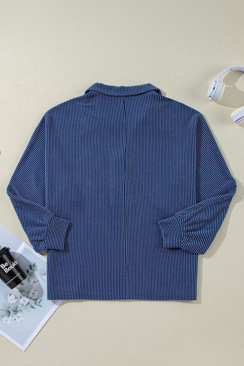 Navy Blue Oversized Twist Ribbed Collared Henley Top with Roll up Sleeve