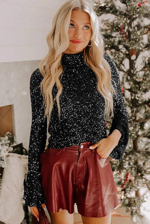 Black Sequin Mock Neck Drape Open Back Bell Sleeve Top