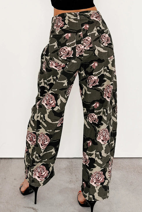 Green Camouglage Floral Print Boyfriend Casual Pants