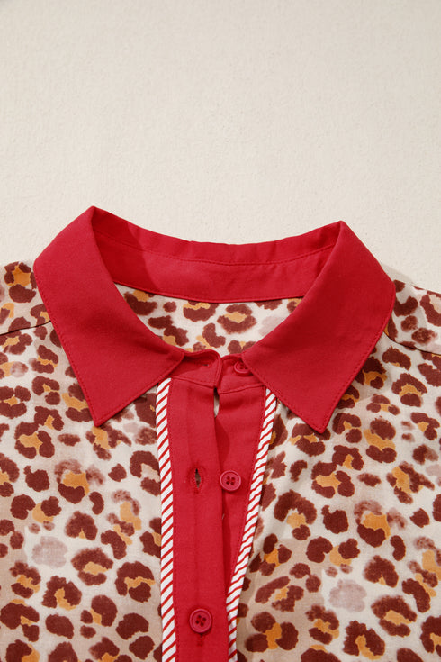 Brown Contrast Trim Leopard Top and Pant Set