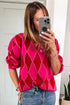 Rose Red Glitter Rhombus Pattern Knit Womens Casual Sweater