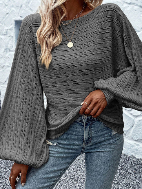 dark-grey-lantern-sleeve-eyelets-textured-knit-sweater