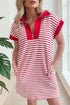 Red Stripe Quarter Zip Polo Collar T Shirt Dress with Pockets