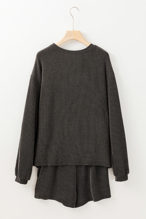 Carbon Grey Twisted Ribbed Merry & Bright Sequin Graphic Long Sleeve Top 2pcs Short Set