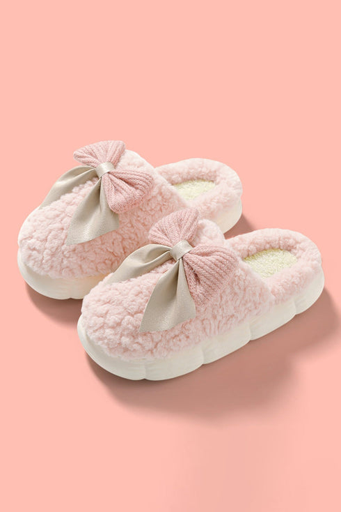 Pink Contrast Bowknot Applique Plush Winter Slippers (Bow Colors May Differ by Batch)