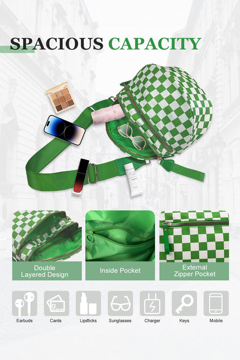 Green Checkered Print Wide Strap Large Crossbody Bag