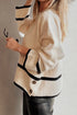 Beige Ribbed Knit Contrasted Stripe Detail Button Side Loose Sweater