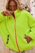 Pear Green Fuzzy Contrast Trim Full Zip Sherpa Jacket with Pockets