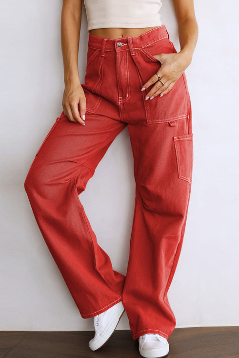 Fiery Red High Waist Straight Leg Cargo Pants with Pockets