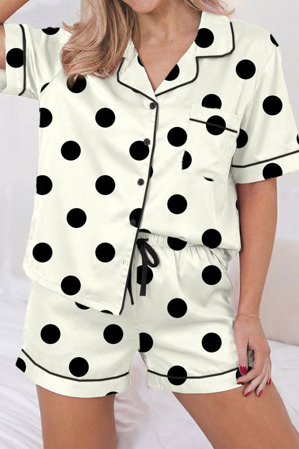 Beige Polka Dot/ Camouflage Print Lapel Shirt Drawstring 2pcs Short Pajama Set
