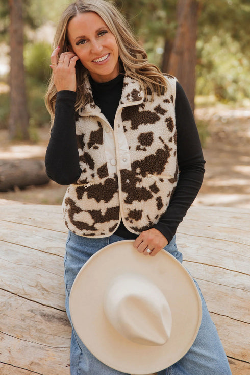 Brown Western Cow Spots Snap Button Sherpa Vest