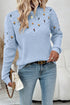 Beau Blue Mixed Texture Knit Flower Embroidered Detail Casual Sweater