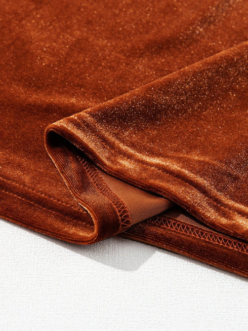 Gold Flame Lantern Sleeve Beaded Split V Neck Velvet Top