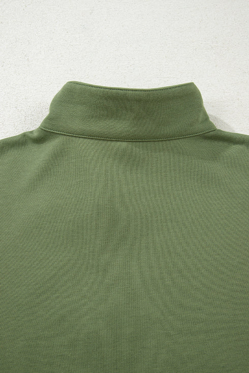 Vineyard Green Contrast Striped Patchwork Zip Collar Pullover Sweatshirt