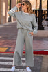 Gray Varsity Stripe Patchwork Puff Sleeve Pullover Drawstring Wide Leg Pant Set
