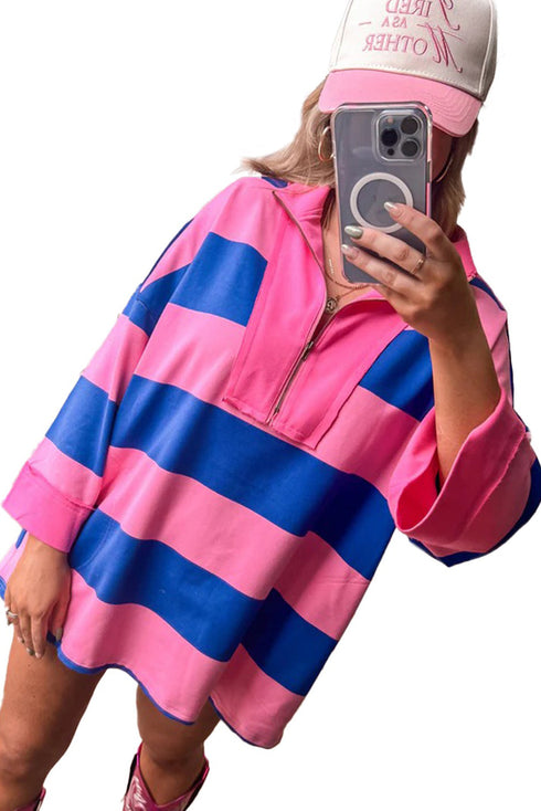 Pink Striped Color Block Zip Neck Patchwork 3/4 Sleeve Loose T Shirt Mini Dress