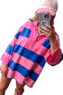 Pink Striped Color Block Zip Neck Patchwork 3/4 Sleeve Loose T Shirt Mini Dress