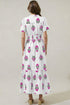 White Floral Print Split Neck Shirred High Waist Ruffle Hem Maxi Dress