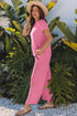 Bright Pink Solid Corded Knit Short Sleeve T Shirt and Wide Leg Pants Set