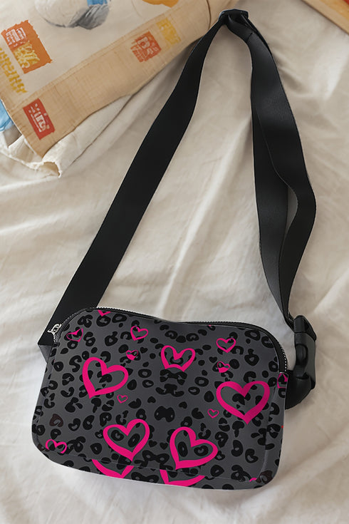 Dark Grey Leopard Heart Printed Canvas Crossbody Bag