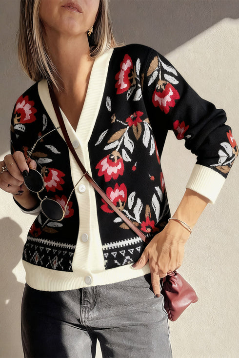 Black Floral Print Buttoned Front V Neck Knit Cardigan
