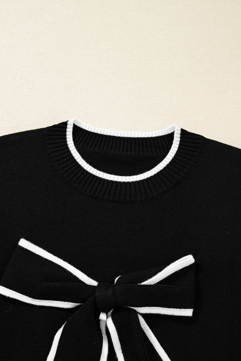 Black Contrast Trim Big Bow Accent Holiday Cropped Sweater