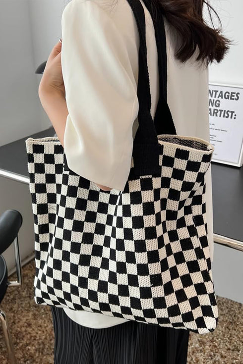 Color black Checkered Knit Eco-Friendly Tote Bag