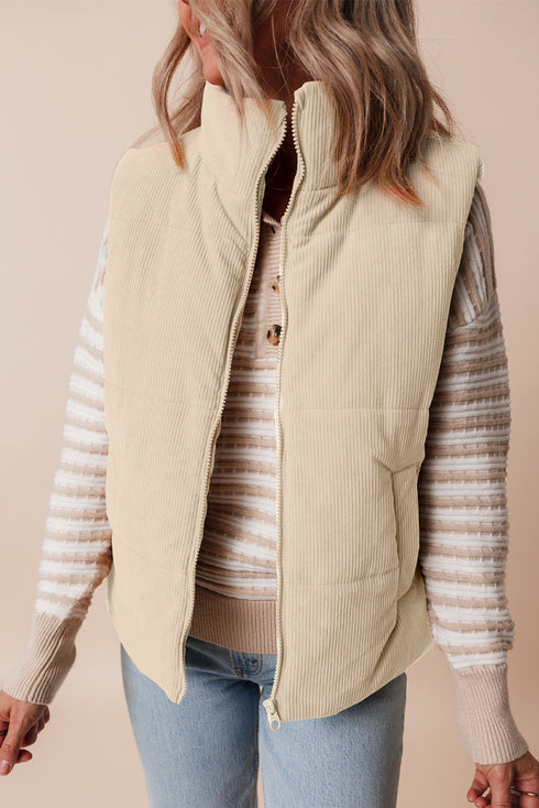 Beige Corduroy Stand Neck Zipped Puffer Vest