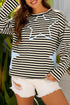 Black Stripe Starry Patch Drop Shoulder Raw Edge Casual Knit Top
