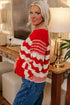 Black Stripe Pointelle Knit Contrast Trim Puff Sleeve Sweater