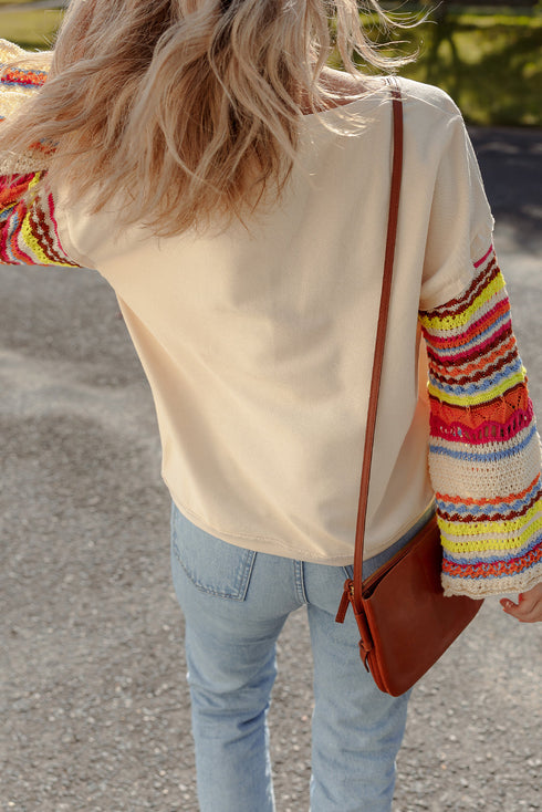 Beige Round Neck Colorful Knit Sleeve Patchwork Top