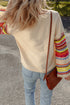 Beige Round Neck Colorful Knit Sleeve Patchwork Top