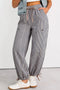 Khaki Stripe Button Patch Pocket Drawstring Elastic Waist Loose Pants