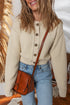 Beige Button Front Cropped Cardigan Sweater