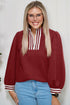 Racing Red Rhombus Textured Striped Patchwork Zip Neck Pullover Sweatshirt