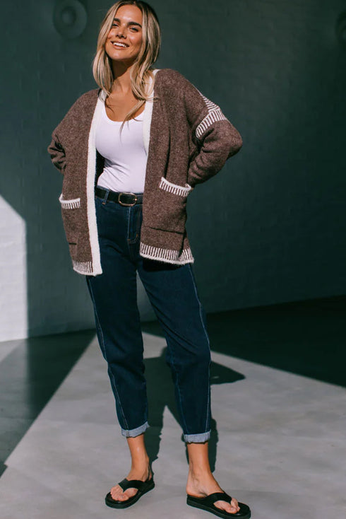 Dark Brown Contrast Striped Detail Drop Shoulder Sweater Cardigan