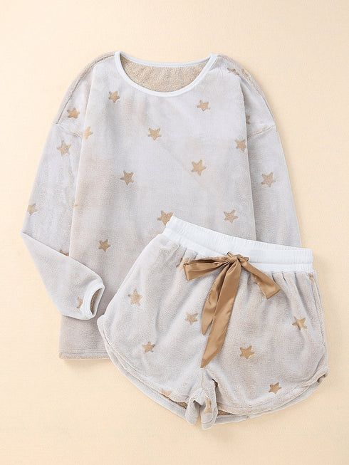 white-plush-star-pattern-long-sleeve-pullover-and-shorts-lounge-set