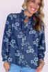 Blue Frilled Neck Button Down Long Sleeve Floral Shirt