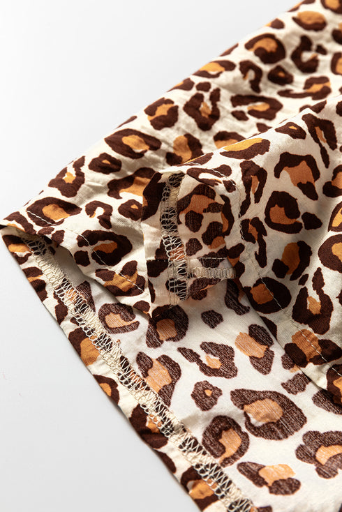 Brown Leopard Print Contrast Frilled Trim Button Down V Neck Shirt