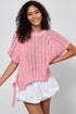 Pink Plus Size Open Knit Bow Tie Short Sleeve Sweater