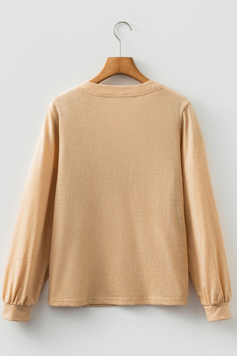 Light French Beige Solid Color Button V Neck Long Sleeve Top