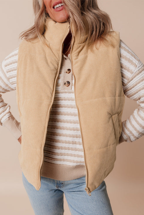 Light French Beige Corduroy Stand Neck Zipped Puffer Vest