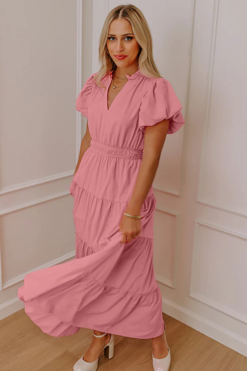 Gossamer Pink Solid Color V Neck Short Puff Sleeve High Waist Tiered Maxi Dress