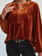 Gold Flame Lantern Sleeve Beaded Split V Neck Velvet Top