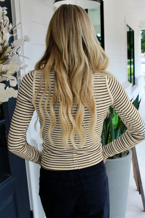 Beige Stripe Stripe Ribbed Knit Half Button Long Sleeve Slim Top