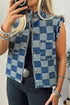Beau Blue Checkered Ruffle Trim Button Down Denim Vest