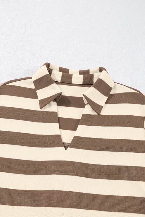 Khaki Stripe Collared V Neck Long Sleeve Loose Casual Dress