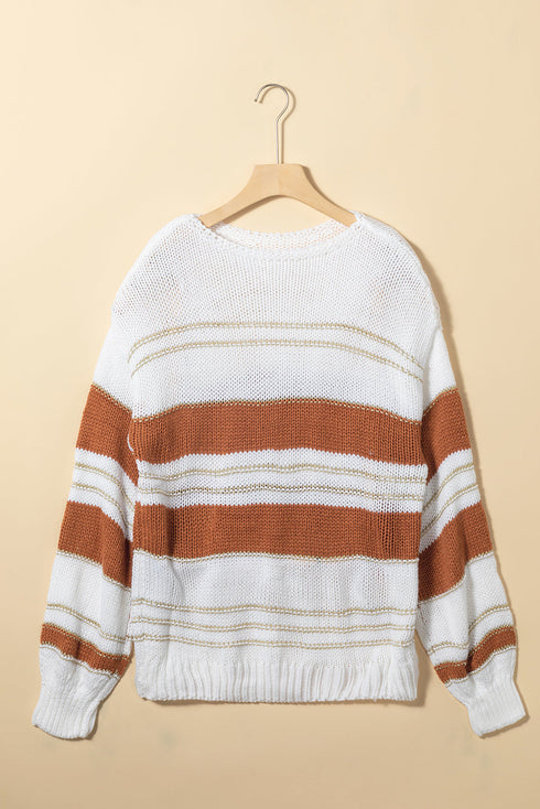 white-striped-knit-puff-sleeve-casual-sweater