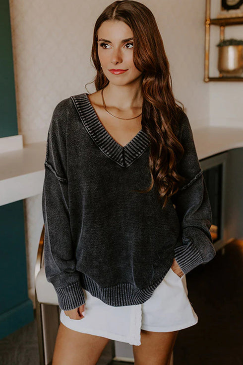Black Mineral Wash V Neck Knit Exposed Seam Drop Shoulder Loose Sweater